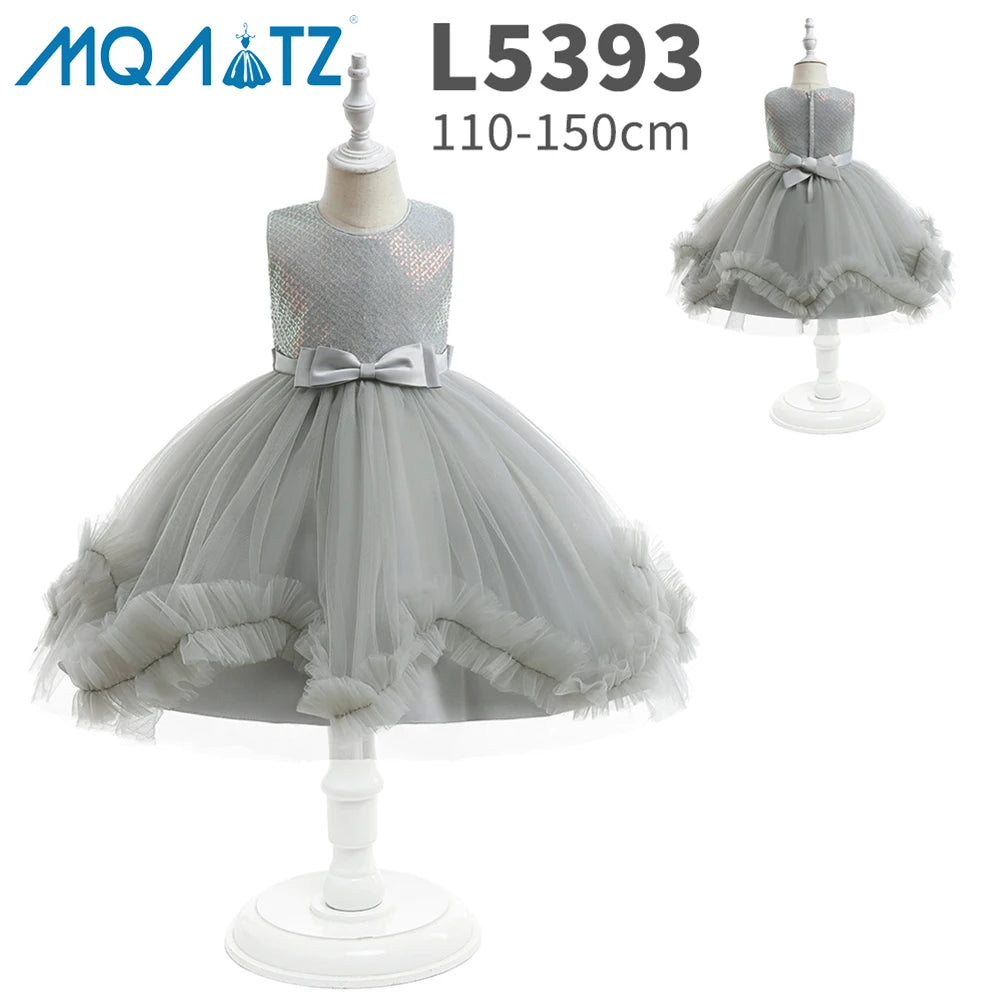 MQATZ 2023 Popular Gray Floral Tulle Dress for Girls Aged 6-7 Kids Birthday Shiny Dress with Bow L5393