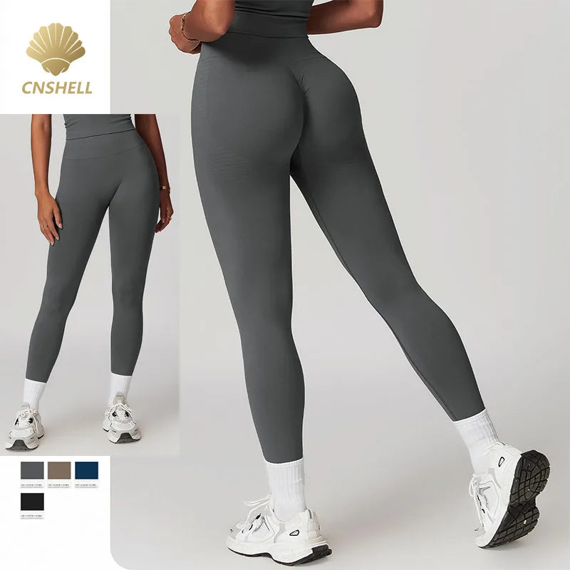 CNSHELL Custom Logo Nylon Seamless Tight Scrunch Butt High Waist Jacquard Ribbed Waistband Yoga Workout Gym Fitness Legging