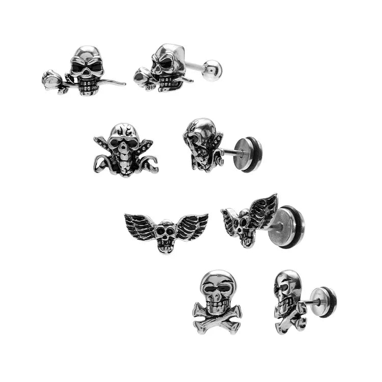 Vintage Multiple Styles Stainless Steel Skull Stud Earring Demon Skeleton Earrings for Men Women Unisex Party Ear Jewelry