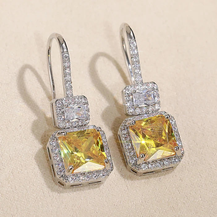 CAOSHI New Trendy Yellow CZ Dangle Silver Plated Earring for Women Elegant Lady's Square Stone Drop Earrings