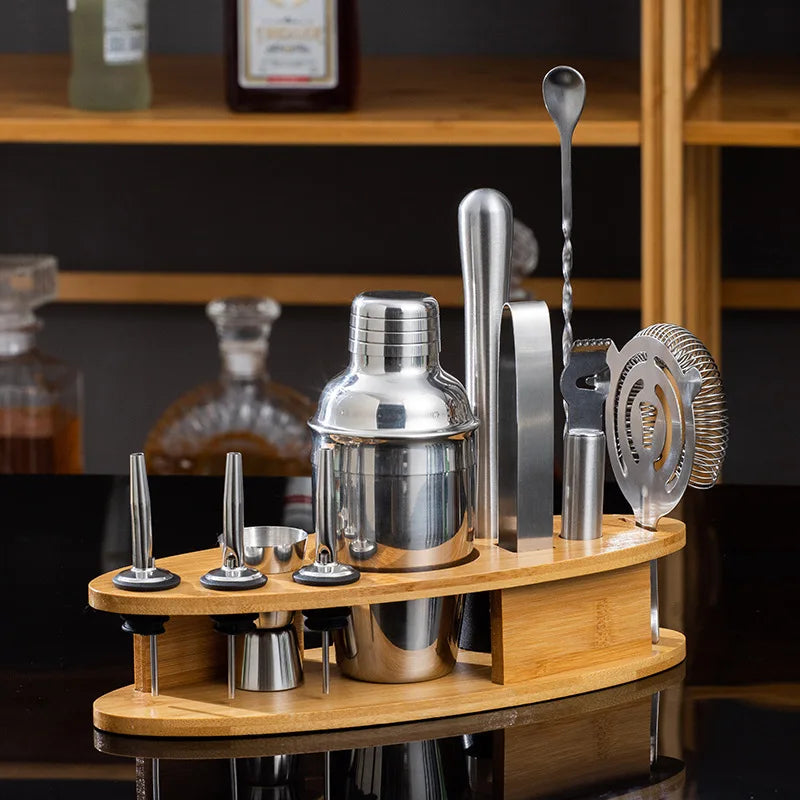 Wholesale Factory Barware Tool Accessories Jigger Cocktail Shaker Stainless Steel  Bartender Kit Set with Bamboo Stand