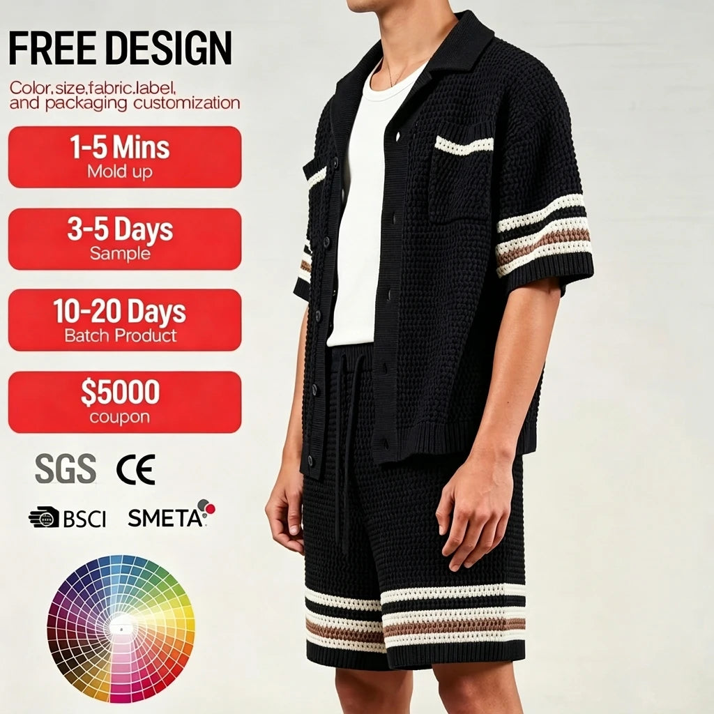 Custom Design logo Sports Mesh Hollow Out Cotton Summer Beach Fashion Casual Stripe Trim Crochet Knitted Shorts