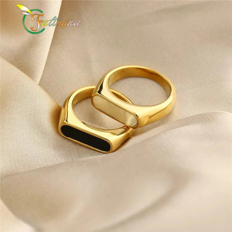 Fatingna Feelings High End Gold Plated Black White Shell Finger Rings for Women Stainless Steel Geometric Ring