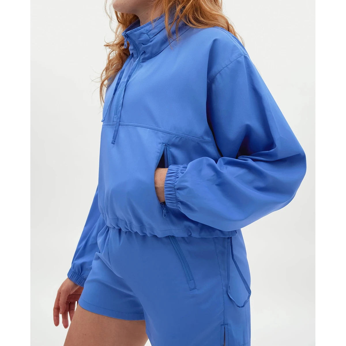 Custom Women's Summer Polyester/Cotton Waterproof Breathable Pullover Windbreaker Jacket Concealed Hood Half Zip Hoodie Set