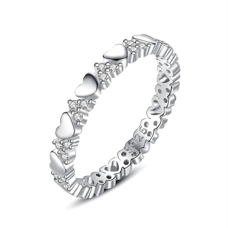 Simple Fashion 925 Sterling Silver Women Zircon Diamond Love Heart Shaped Finger Stacking Ring