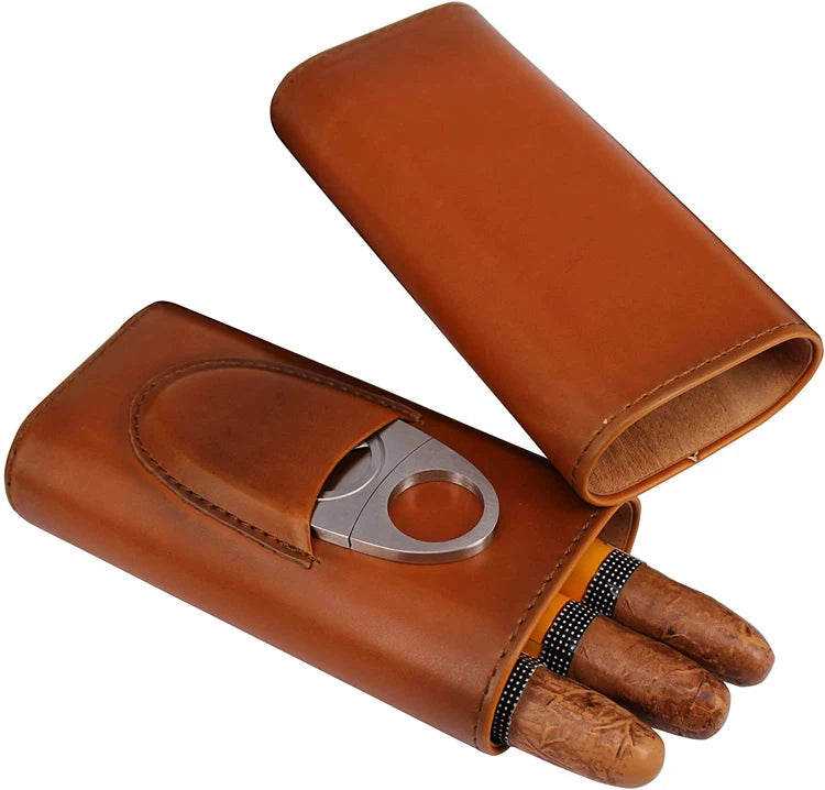 Travel Humidor Cabinet Luxury 3 Finger Leather Cigar Case with Cutter Cigar Boxes Portable Pocket Cigar Bag