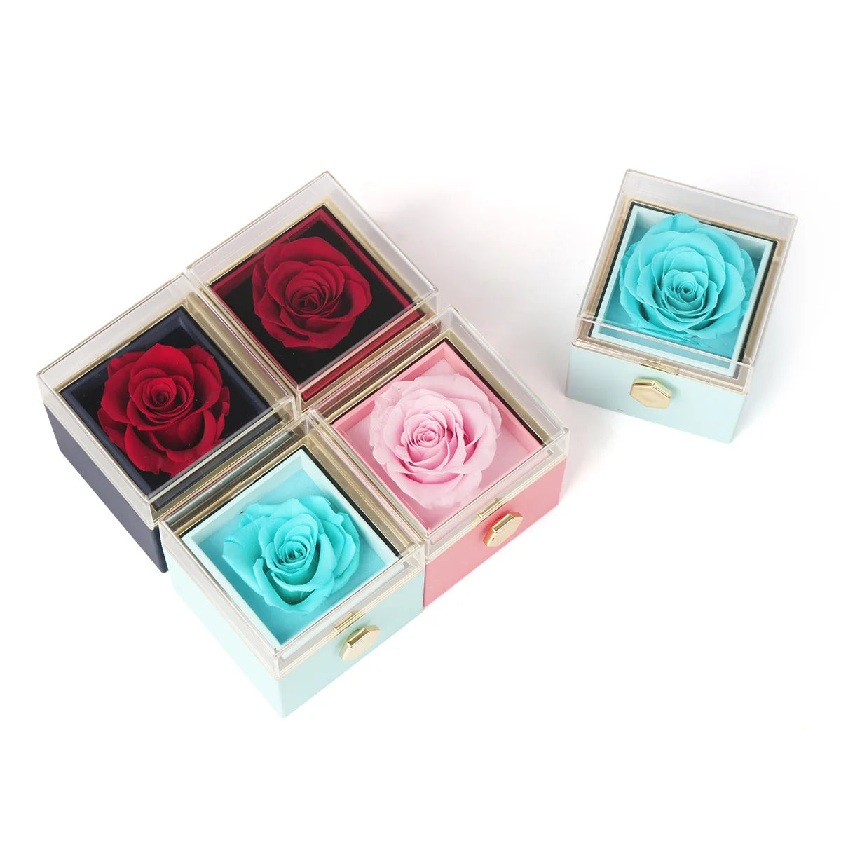 Qiuhan OEM/ODM Stainless Steel Jewelry Packaging Box 360 Angles Rotatable Surface Never Fade Rose Design Custom Name Logo
