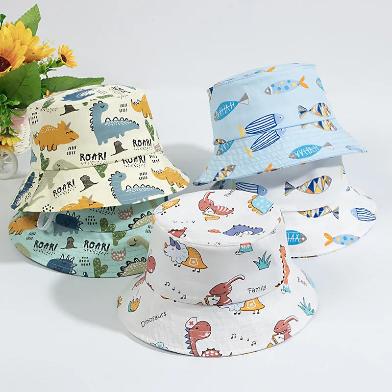 High Quality Cute Cartoon Fish Dinosaur Print Bucket Hat with Adjustable Strap Outdoor Sun Protection Breathable Hat for Kids