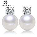 925 Sterling Silver 9mm Pearl & 3.5mm Cubic Zirconia White Yellow Rose Gold Ladies Fashion Simple Stud Pearl Earrings