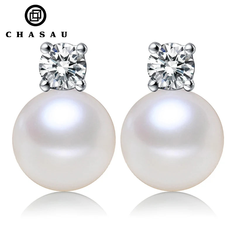 925 Sterling Silver 9mm Pearl & 3.5mm Cubic Zirconia White Yellow Rose Gold Ladies Fashion Simple Stud Pearl Earrings