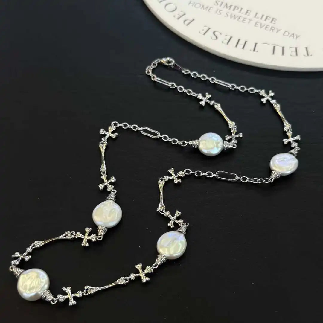55cm International Style Cro Heart Button Sweater Chain AAAA Grade Platinum Plated Luxury Baroque Freshwater Pearl Necklace 12mm