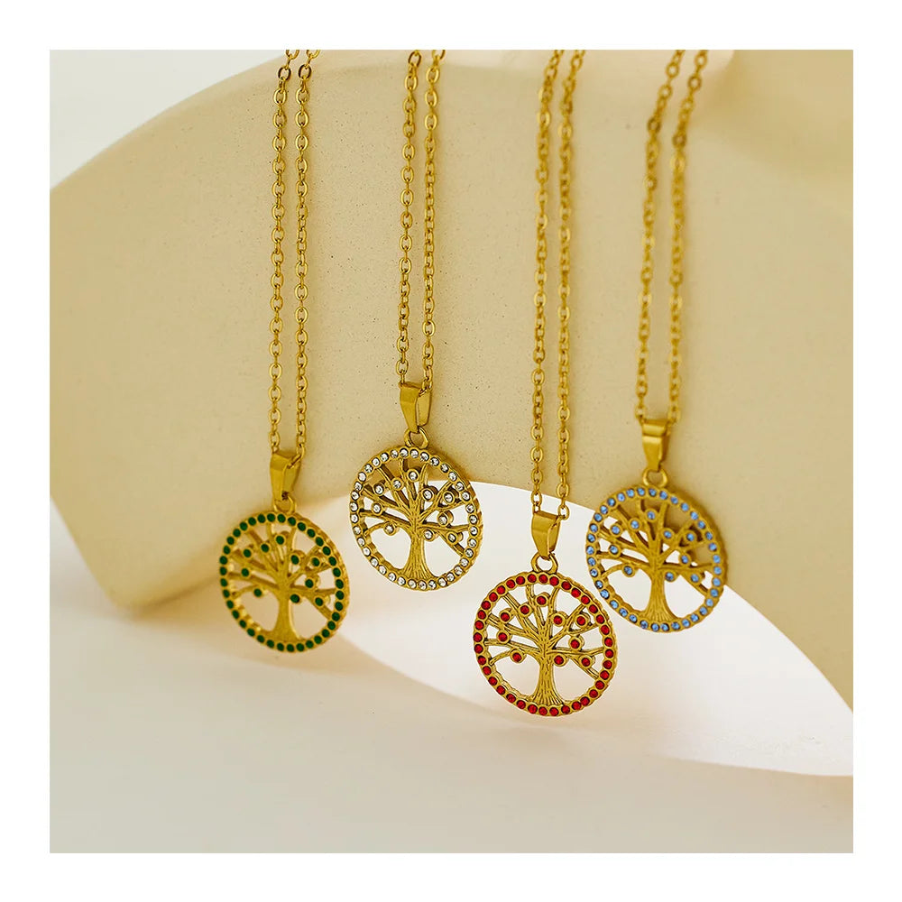 New Arrival Luxury Stainless Steel Tree of Life Pendant Necklace 18k Gold Plated Zircon Pendant Necklaces for Women