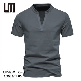 Custom logo Summer New Fashion Men Casual V Neck Cotton Solid Short Sleeve T Shirt Male Tops Tees