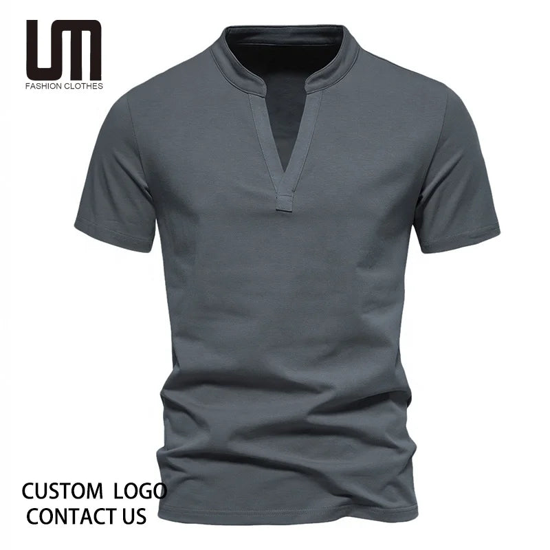 Custom logo Summer New Fashion Men Casual V Neck Cotton Solid Short Sleeve T Shirt Male Tops Tees