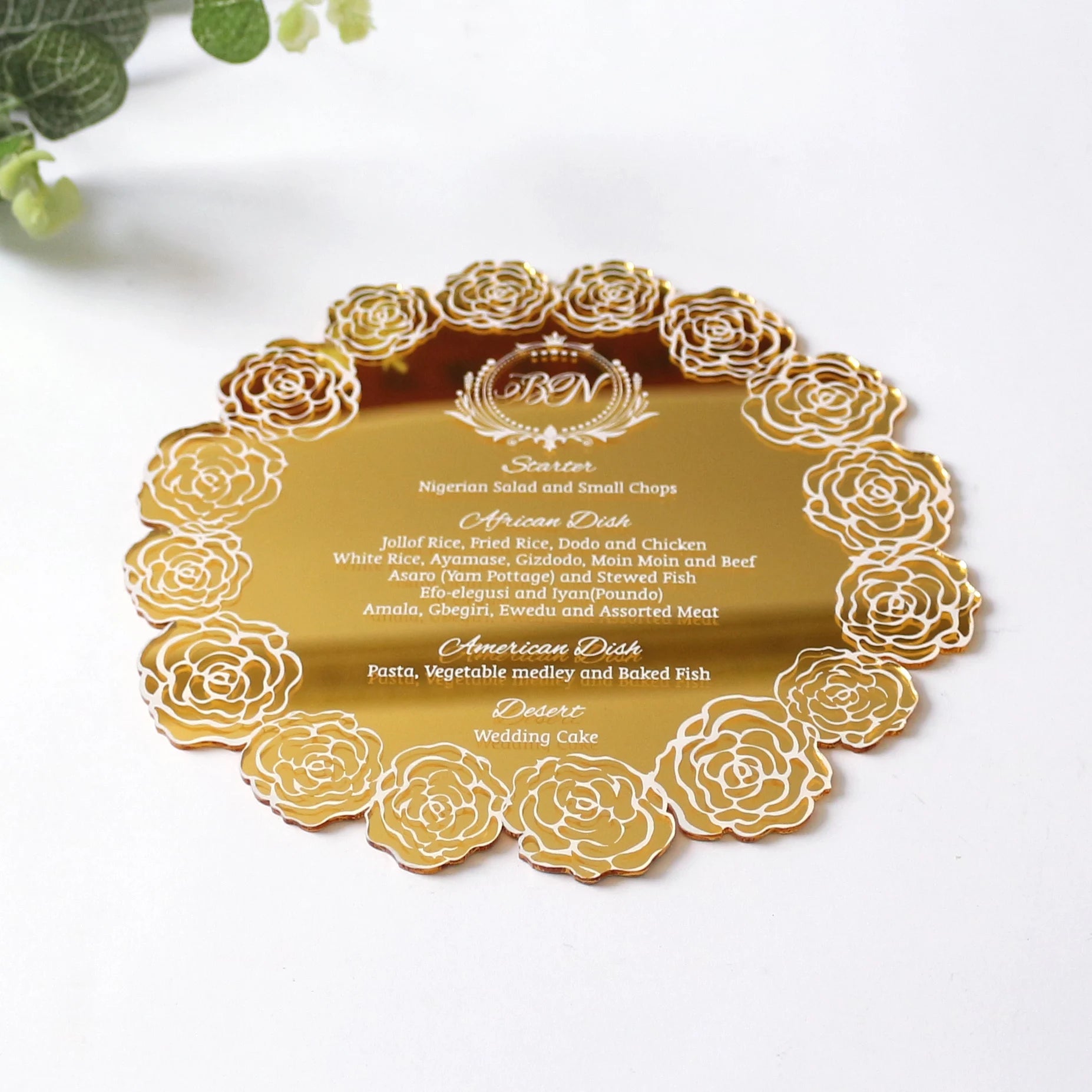 Custom Luxury Flower Shape Handmade Wedding Acrylic Menus Personalized Logo White Foil Mirror Menu Cards Paper Material