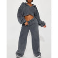 Custom logo Sweatsuit Sets Fall 2024 Women Clothes Tracksuit Set 100% Cotton Acid Wash Sweatpants and Cropped Zip up Hoodie Set