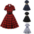 Hot Selling Retro Hepburn Style Dress Women's Clothing Large Swing Midi Dress Women Elegant Casual Red Plaid Dress With Belt