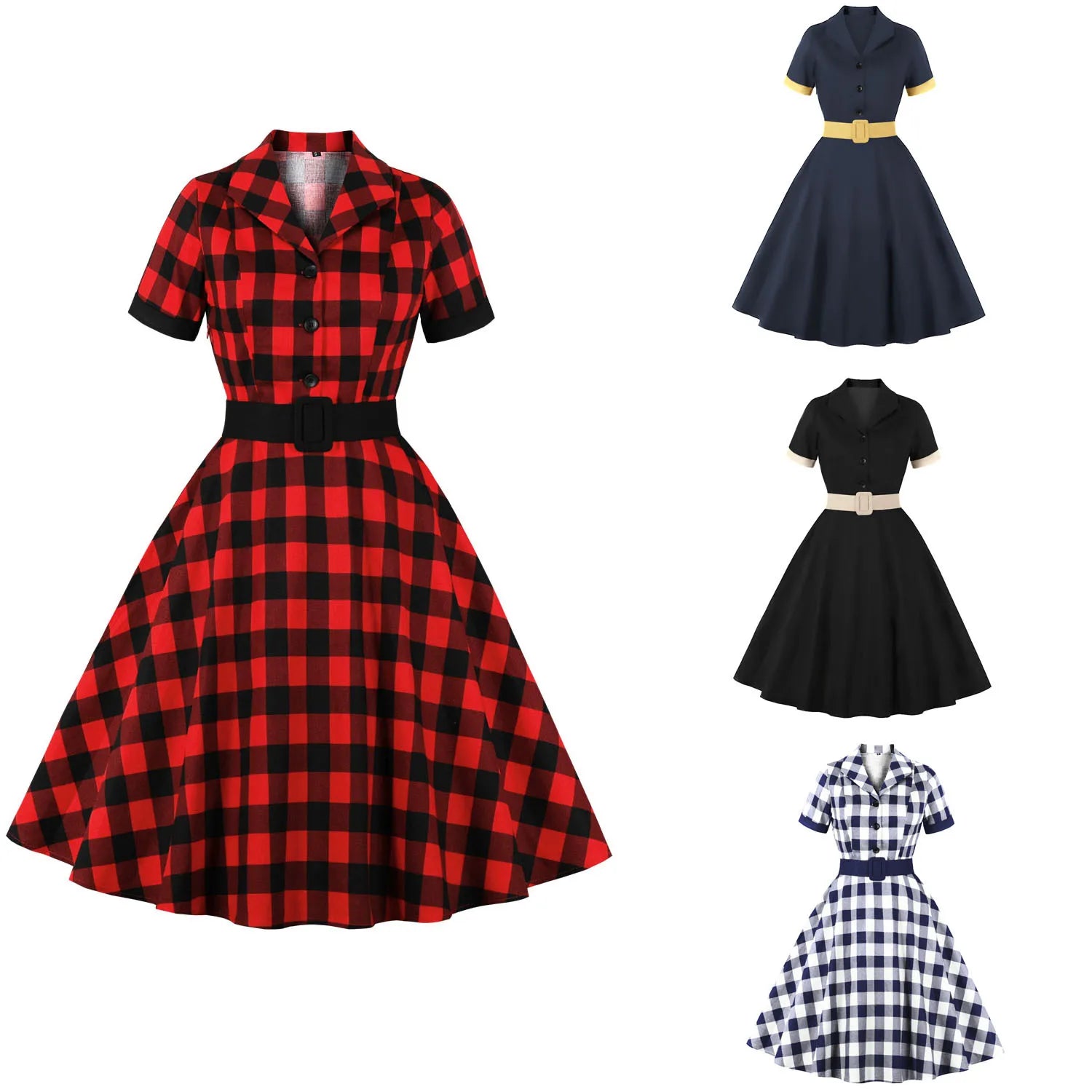 Hot Selling Retro Hepburn Style Dress Women's Clothing Large Swing Midi Dress Women Elegant Casual Red Plaid Dress With Belt