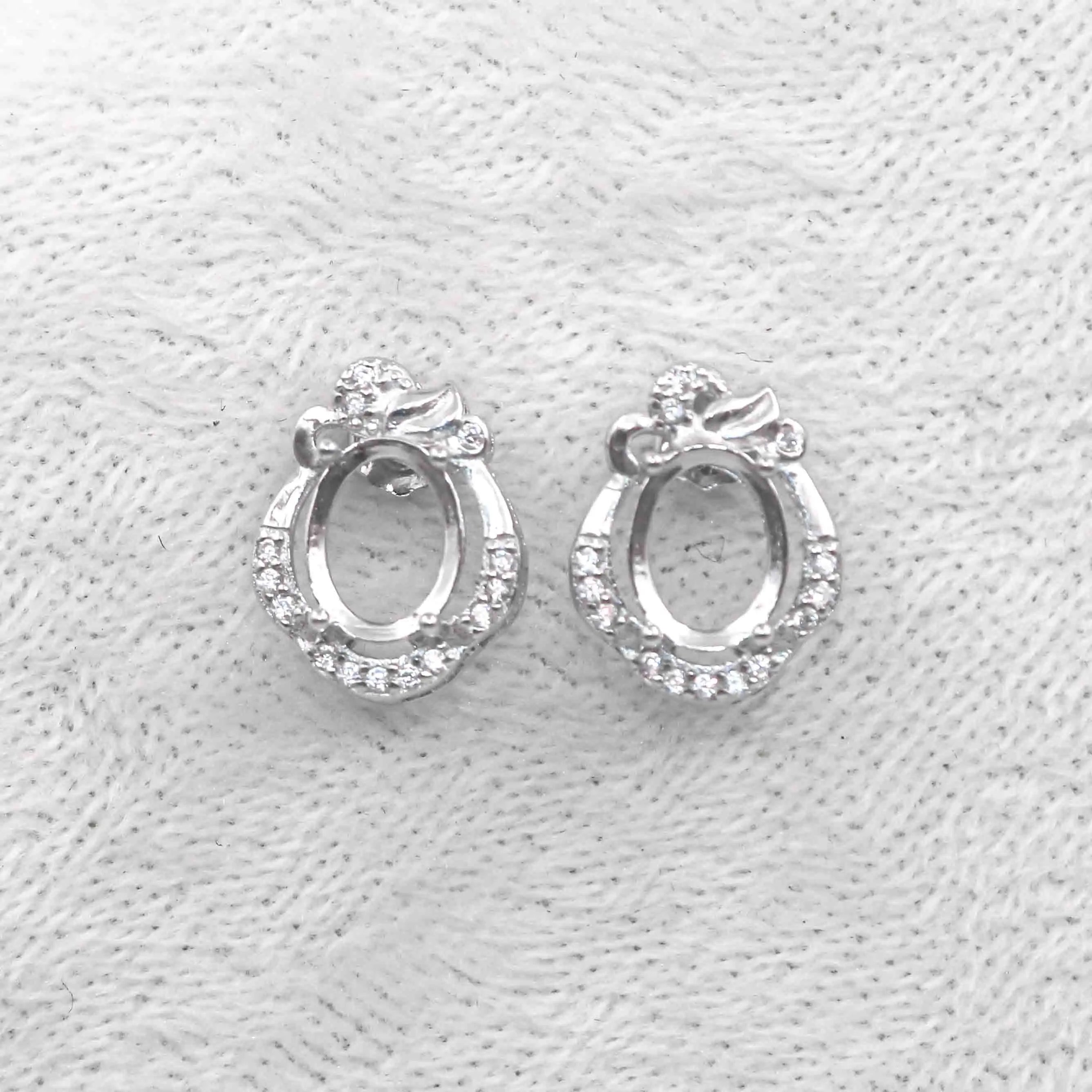 Sterling Silver 6*8mm Semi Mount Stud Earrings Empty Support Blank Claws Setting S925 Base Without Center Stone for DIY Inlay
