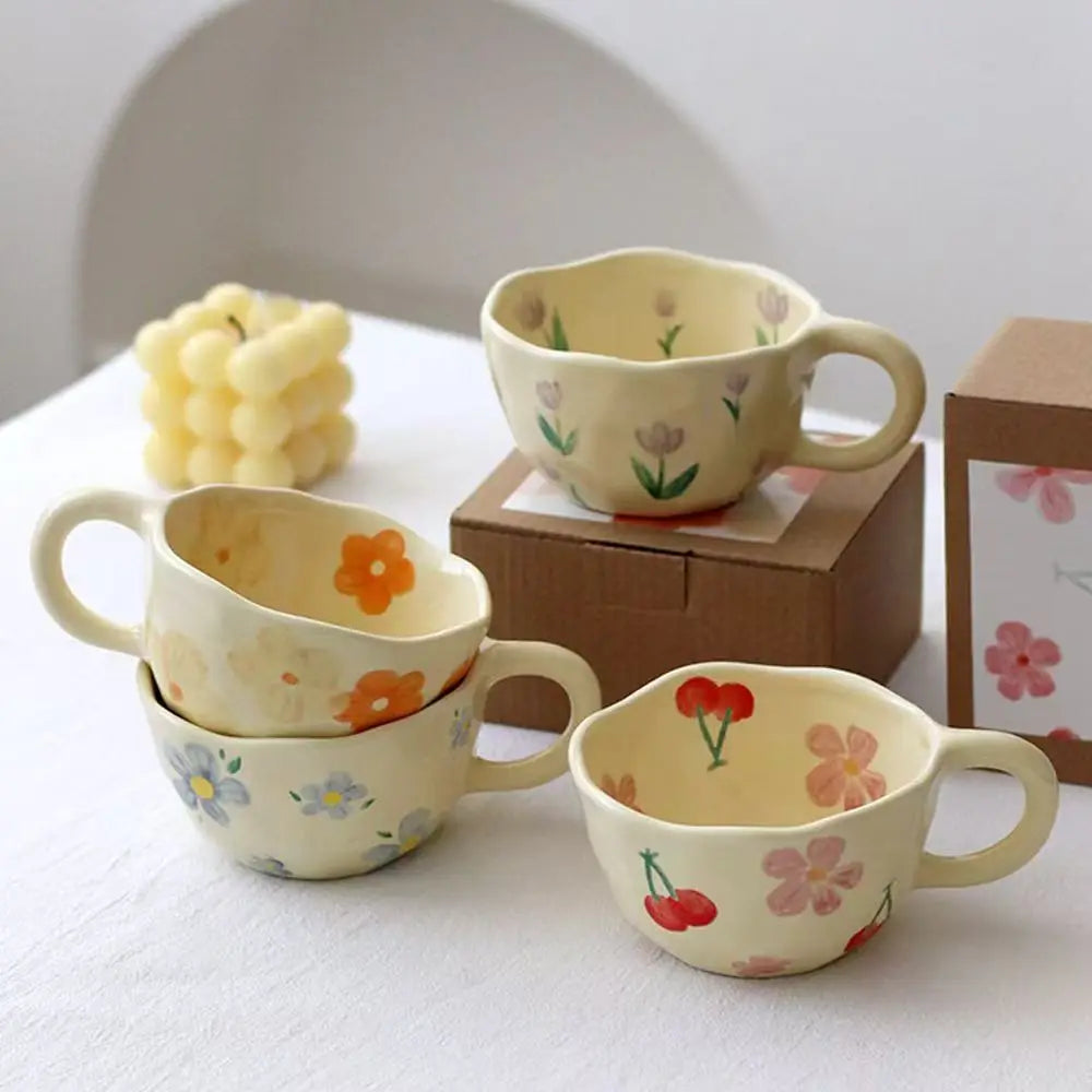 Modern Korean Milk Cuo Yellow Ceramic Mug Floral Pattern Ins Style Hand-Kneaded Irregular Coffee Cup Oatmeal Breakfast Tea Gift