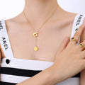 Fashion IP Plating Stainless Steel Y Shaped OT Buckle Engraved Good Luck Disc Pendant Necklace