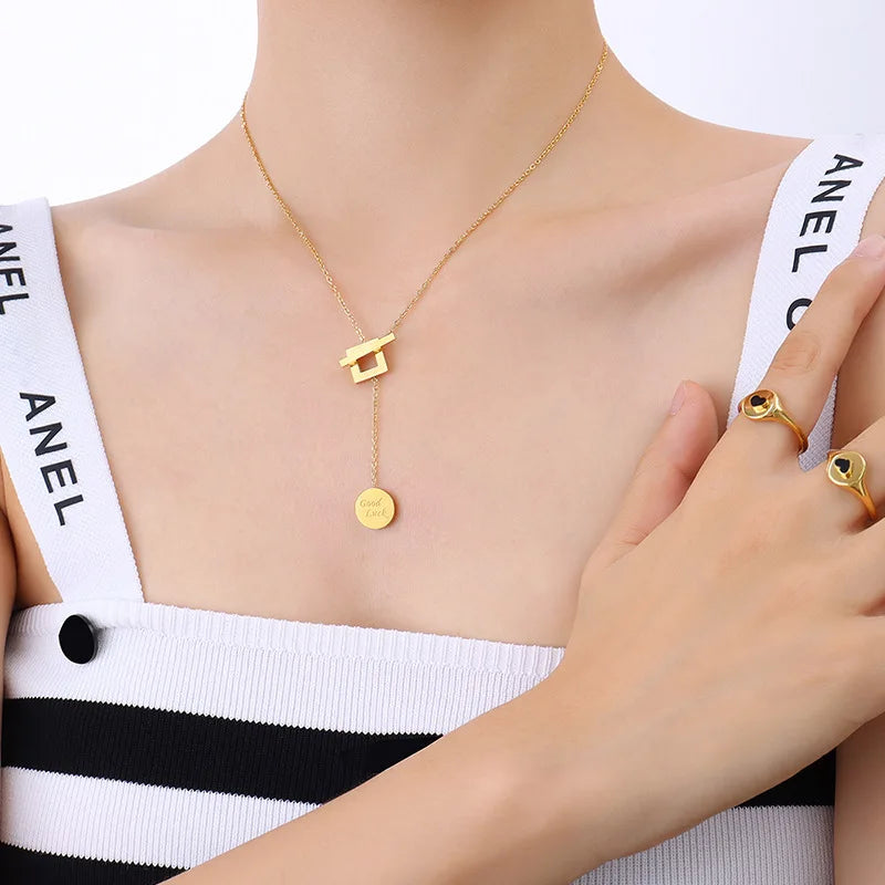 Fashion IP Plating Stainless Steel Y Shaped OT Buckle Engraved Good Luck Disc Pendant Necklace