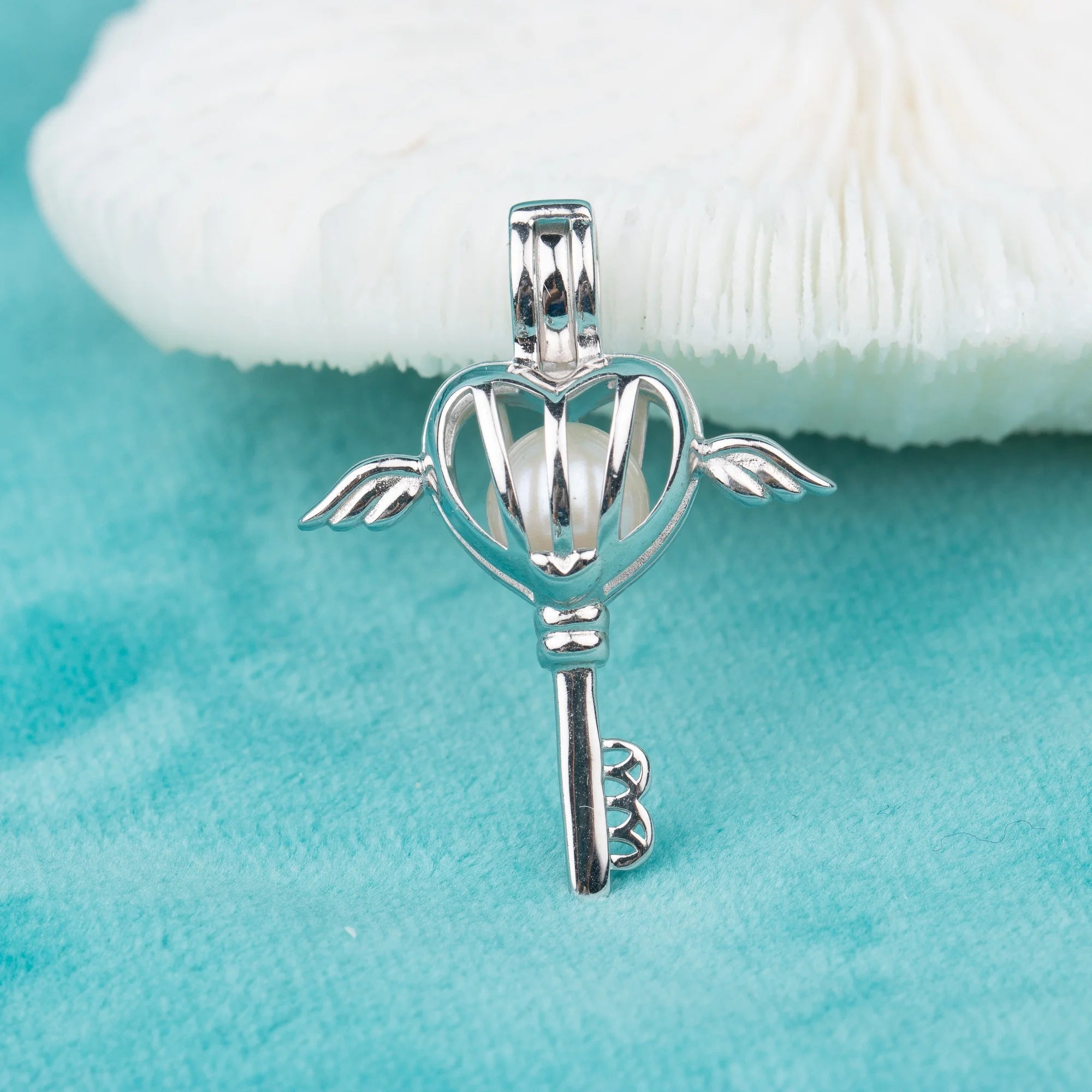 C030079 Sterling Silver Key Wing Shape Freshwater Pearl Cage Pendant Necklace Jewelry Locket for Pearl Party