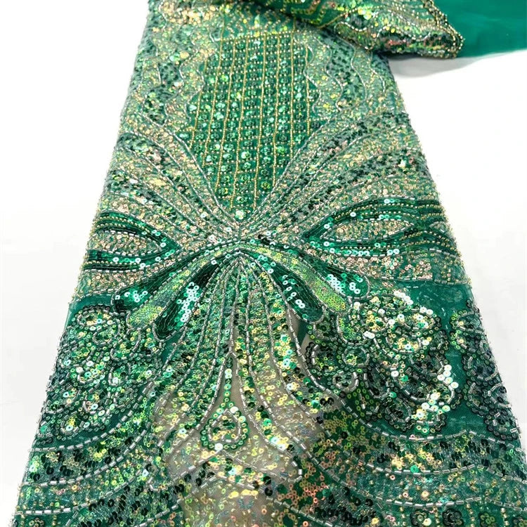 African Green Embroidery Beaded Lace Fabric Shinny French Sequins Tulle Lace Fabric for Wedding Dress