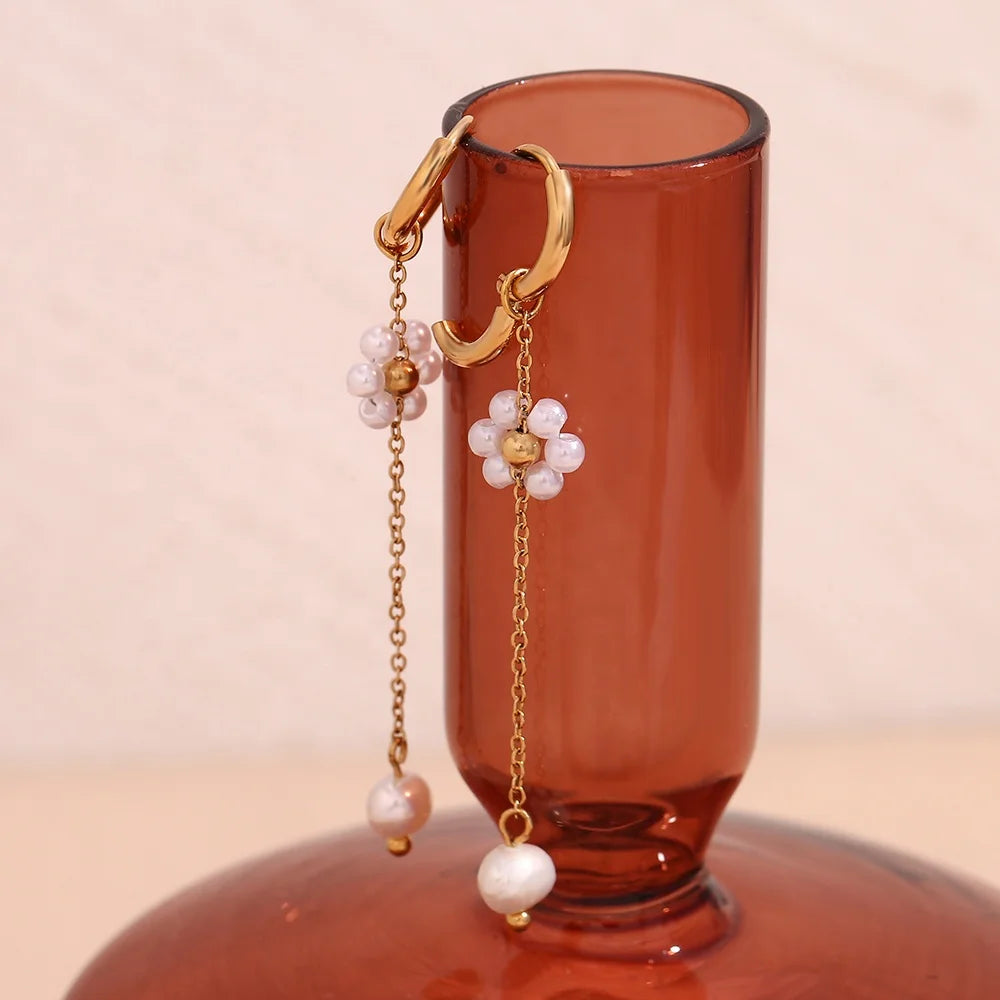 Dreamshow Dainty Fresh Water Pearl Flower Drop Earring Gold Plated Tassel Earrings Stainless Steel Jewelry