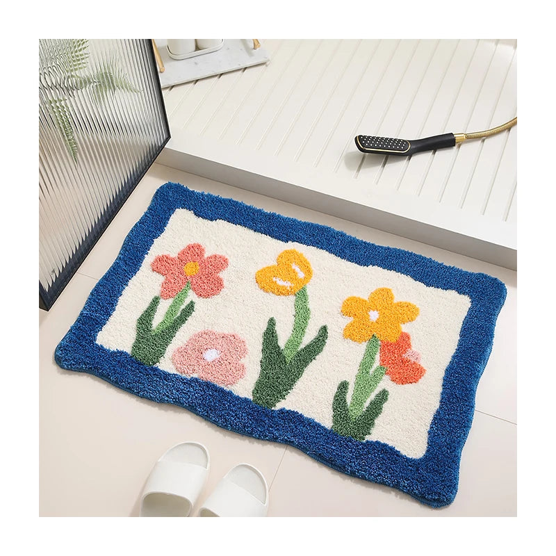 Tulip Pattern Rectangular Cushion Bathroom Absorbent Suede Foot Mat