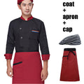 Wholesale Custom Chef's Long Sleeve Clothes Catering Restaurant Cafeteria bar Hotel Kitchen Chefs Uniform Coat Apron and Cap