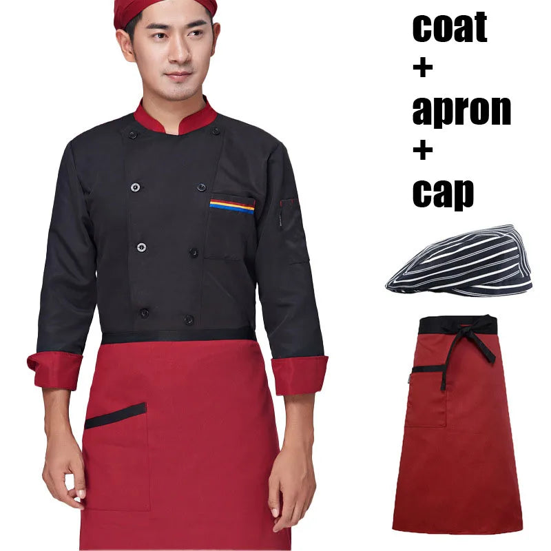 Wholesale Custom Chef's Long Sleeve Clothes Catering Restaurant Cafeteria bar Hotel Kitchen Chefs Uniform Coat Apron and Cap