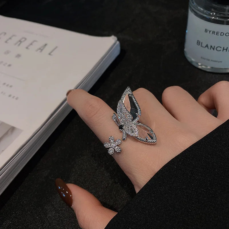 Trendy Shining Butterfly Adjustable Opening Ring Women Crystal Zircon Copper Inlaid Fashion Party Hand Rings Accessories Jewelry