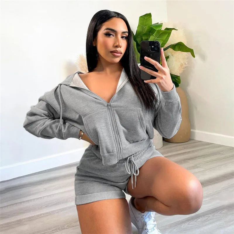 Active Wear Suits Fall Summer Sets Women Casual Two Piece Sets Hoodies High Waisted Shorts Clothings Spring Outfits