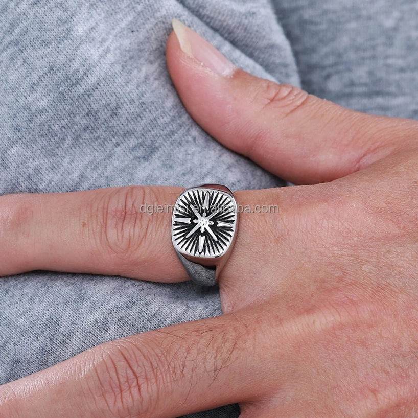 Viking Jewelry Stainless Steel Engraved Signet Ring Signet Ring North Star Rings for Men Women