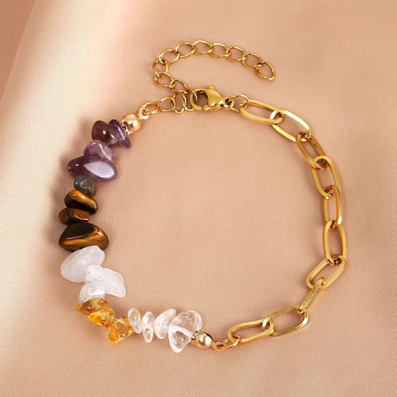 2023 Bohemian Irregular Gravel Natural Stone Gold Stainless Steel Crystal Stone Bracelet Amethyst Gemstone Bracelet for Women