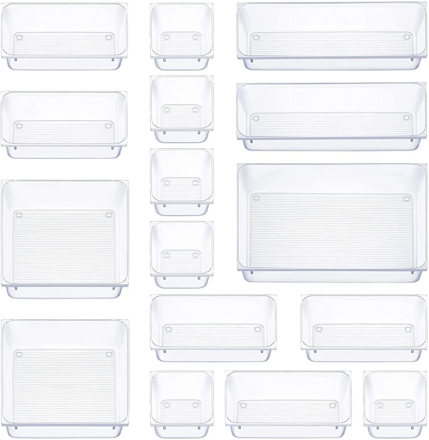 Hot-Selling 16-Piece Drawer Organizer Tray Set 5 Different Sizes Plastic Makeup Office Desk Organizers Popular for Bathroom Use