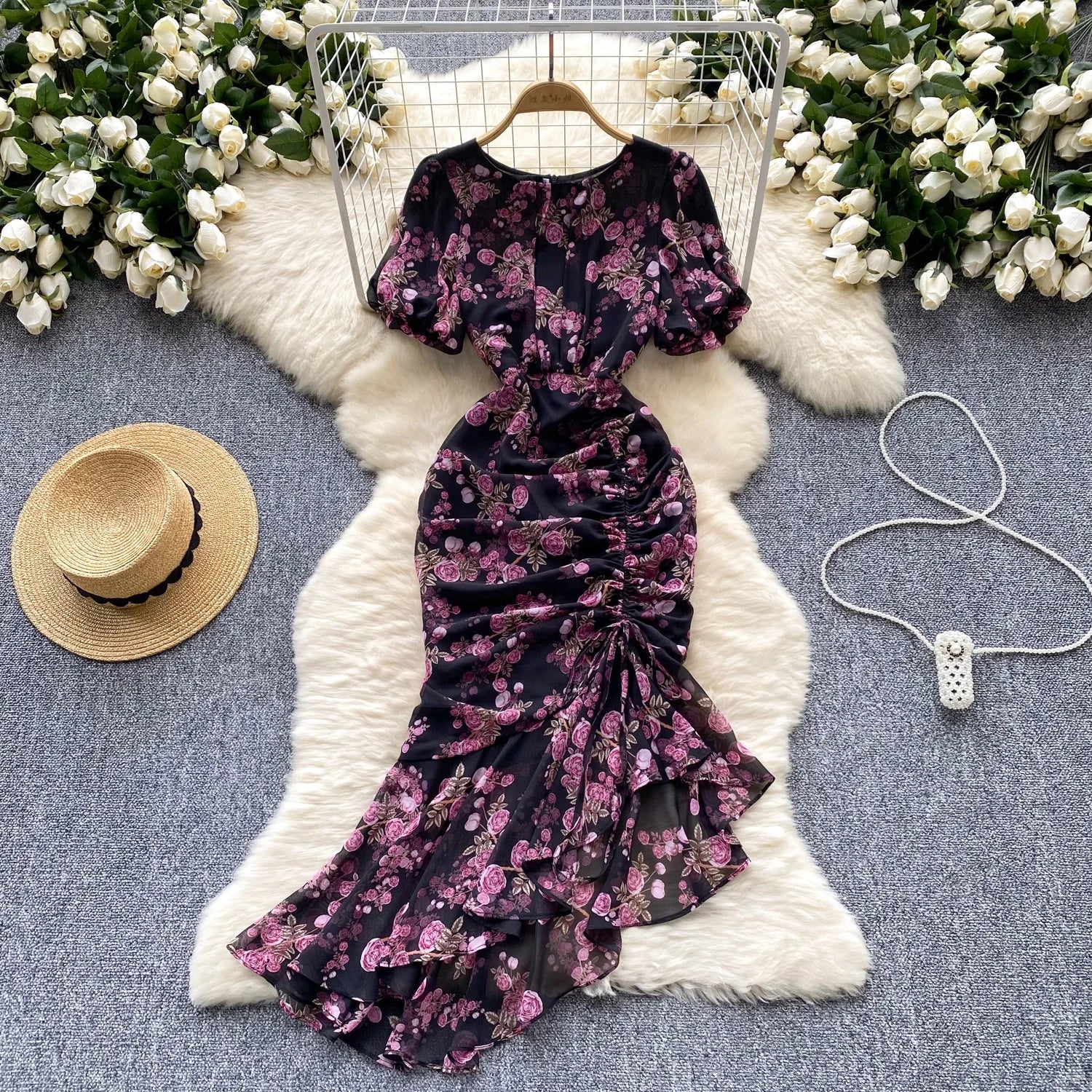 French Women Summer Bubble Sleeve Crushed Floral Asymmetrical Fishtail Long Dress Dresses