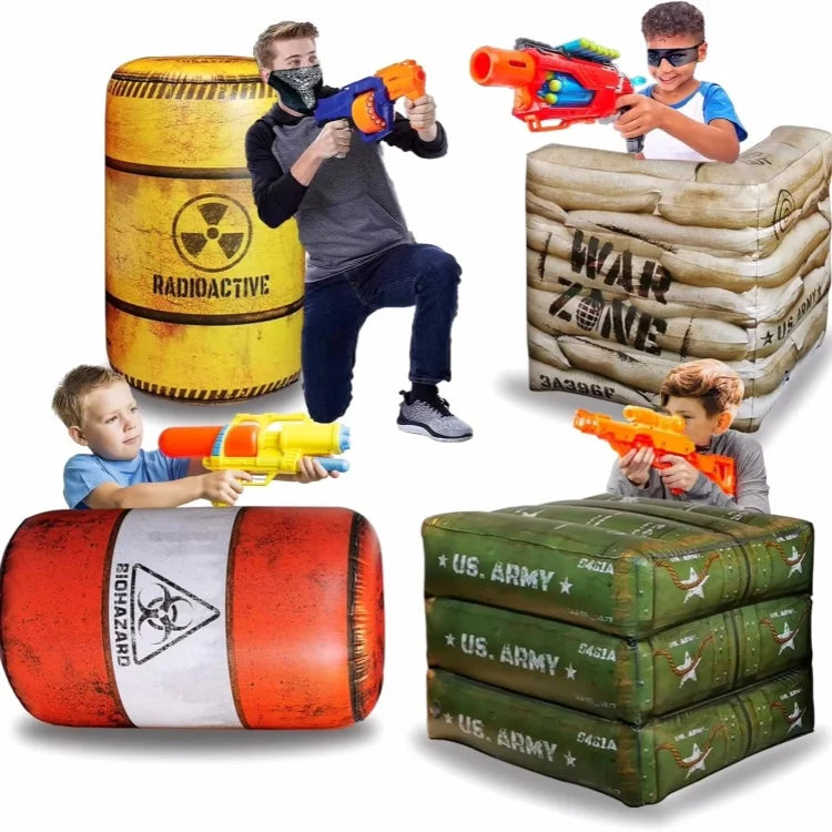 Set of 4PCS Inflatable Battle Obstacles Bunker Fort Barrel Container Box and Wall for Paintballs Durable Inflatable Barriers