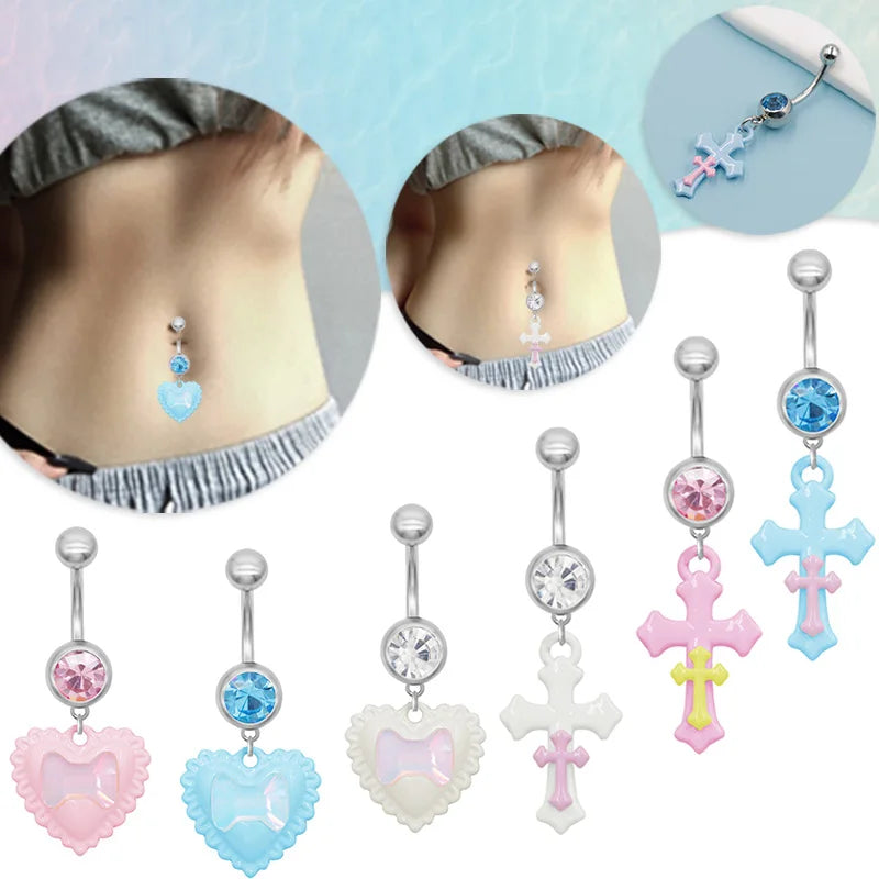 Gaby New pink  Blue Belly Rings 316 L Surgical Steel Heart Cute Belly Button Ring Stainless Steel Jewelry Body Piercing Jewelry