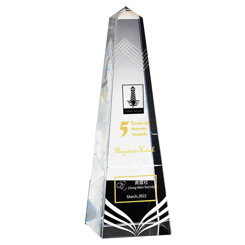 Custom Etched Crystal Trophy Award UV Laser Printed Peak Tower Design Polished Blank Crystal Trophy for Company Anniversary Gift