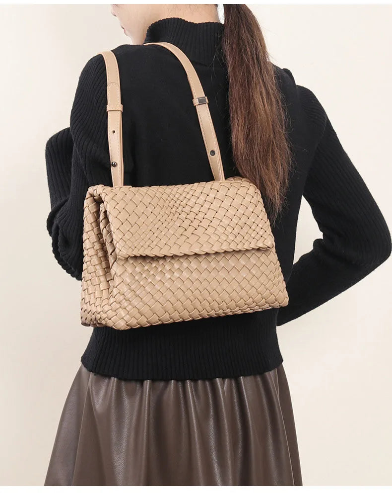 Large Woven Tote Bag Premium PU Leather Artisan Textured Shoulder Bag Women Travel Supports Low MOQ OEM Customization