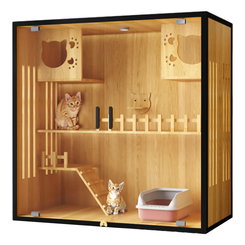 New Arrival Luxury Solid Glass Cat Villa Large Indoor Wooden Enclosure with Wheels Multi-Feature House for Indoor Cats