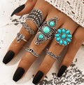 Retro Ethnic Turquoise Elephant Geometric Graphic 7 Pieces Silver Ring Set