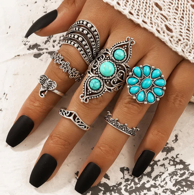 Retro Ethnic Turquoise Elephant Geometric Graphic 7 Pieces Silver Ring Set