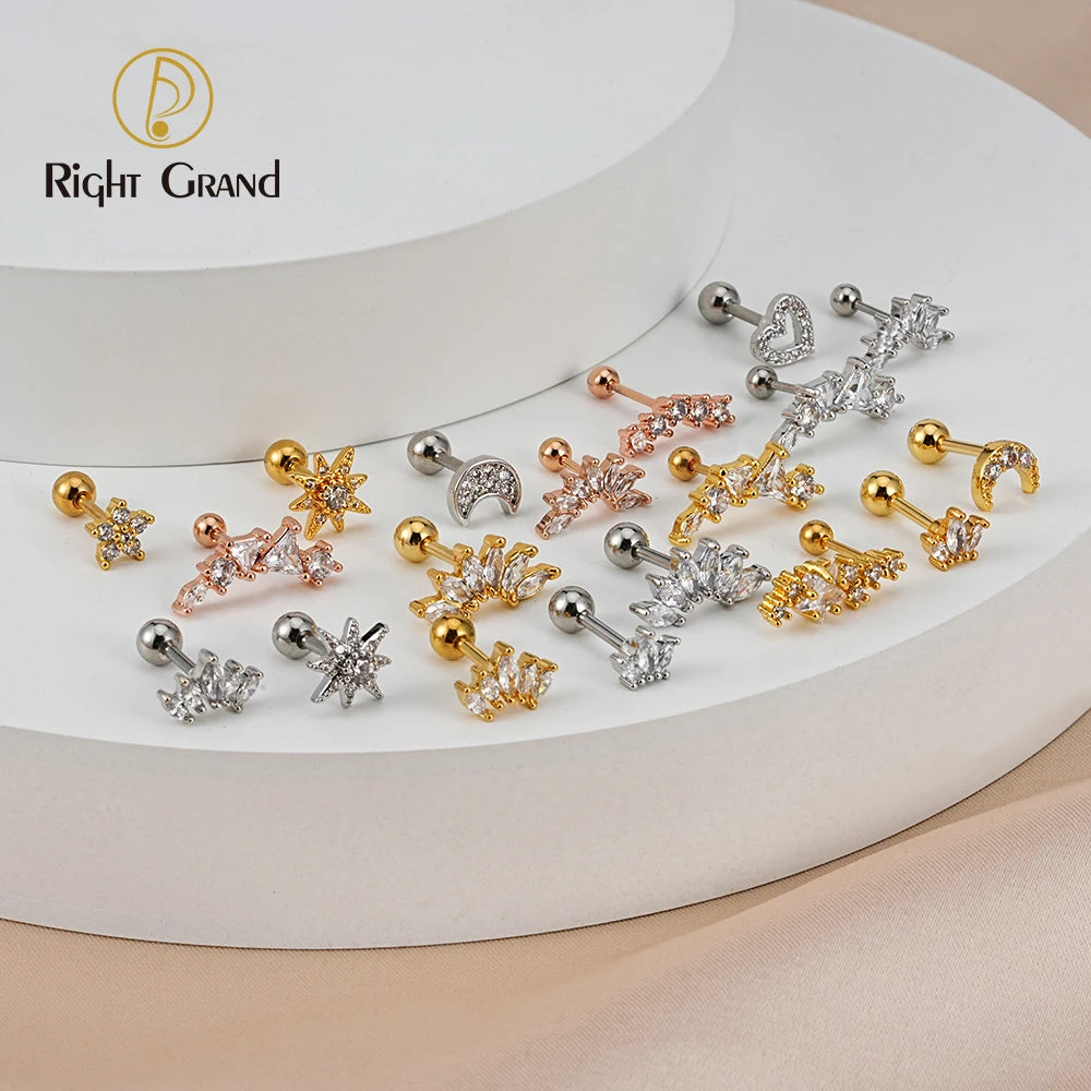 Gold Silver Rose-Gold Color Plated Copper Inlaid Zircon Cartilage Tragus  Women's Earring Studs Piercing Jewelry