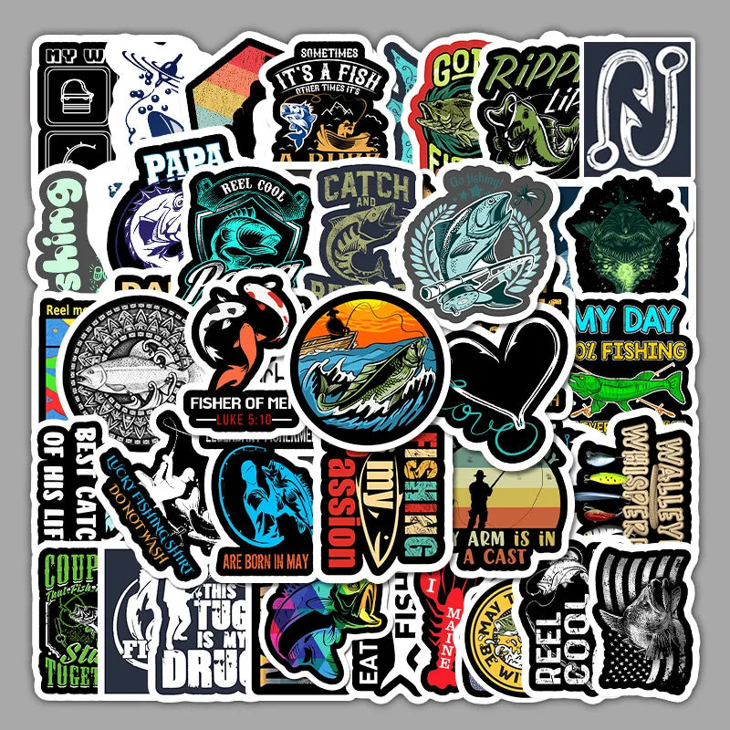 50 Pcs Fishing and Stocking Icon PVC Environmentally Friendly for Handbags Laptops Helmets and Books
