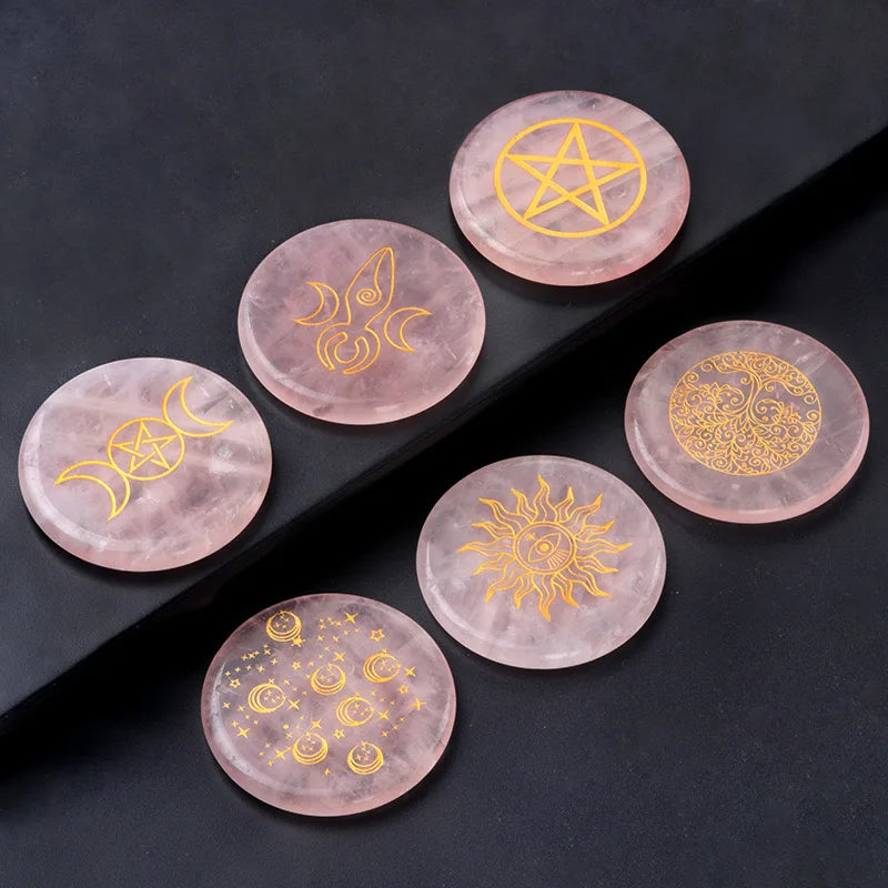 55MM Natural Quartz Plate Chakra Creative Disc Engraved Symbol of Tree of Life Moon and Stars Rose Crystal Energy Disc