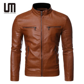 Liu Ming Vintage Classic New Autumn Winter Men Clothing Stand Collar Slim Multi Pockets Leather Jacket Coats