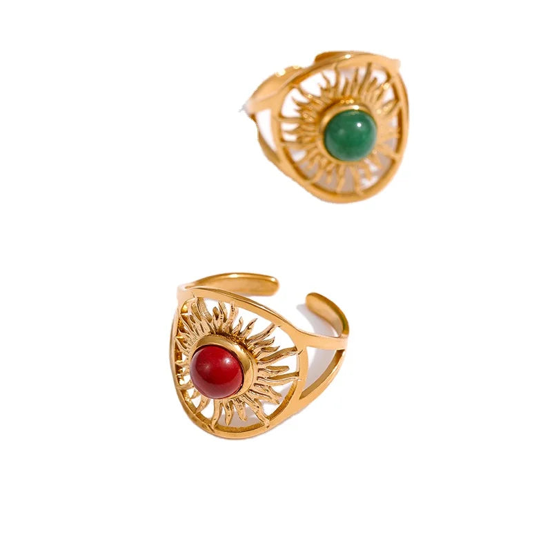 JINYOU 508 Exquisite Gold Color Geometric Opening Finger Ring Stainless Steel Red Natural Stone Ring